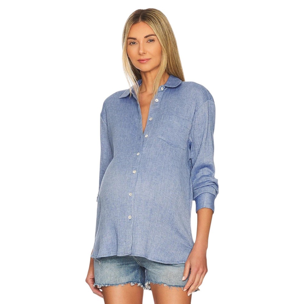 HATCH The Boyfriend Maternity Shirt 2 US M Blue Cotton Gauze Oversized Coastal